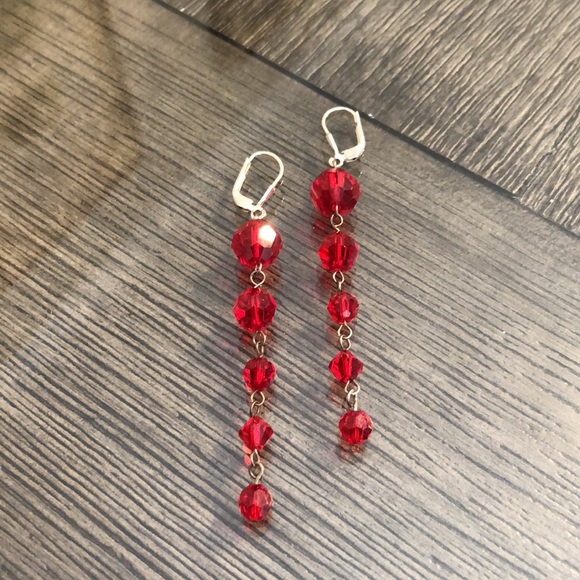 Vintage Red Cut Crystal Sterling Silver Lever Back Earrings Long Dangle - Picture 3 of 16